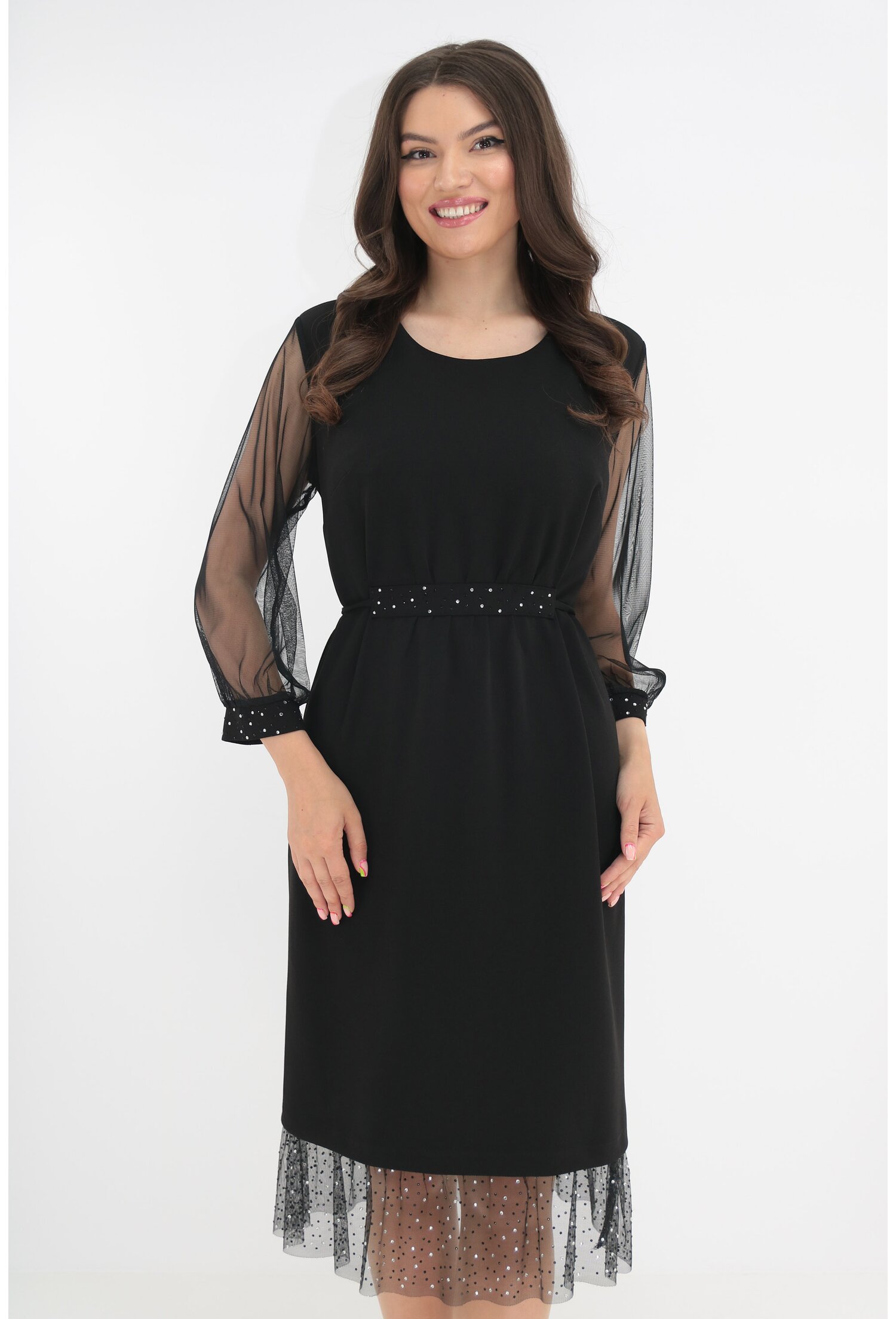 Rochie neagra de ocazie cu strasuri si volanas la tiv