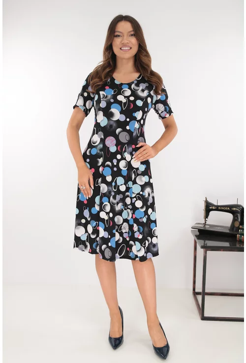 Rochie neagra in clini cu buline albe si albastre