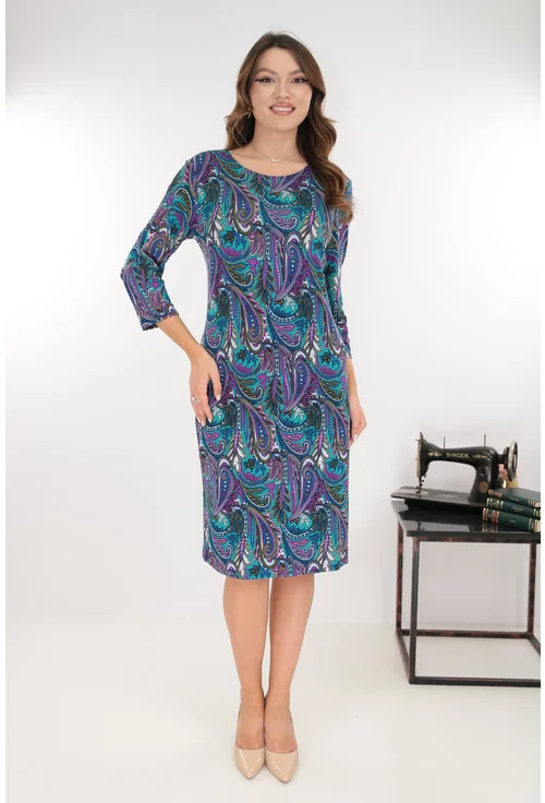 Rochie office albastra cu imprimeu abstract violet