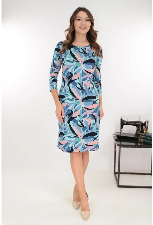Rochie office albastra cu imprimeu geometric roz-vernil