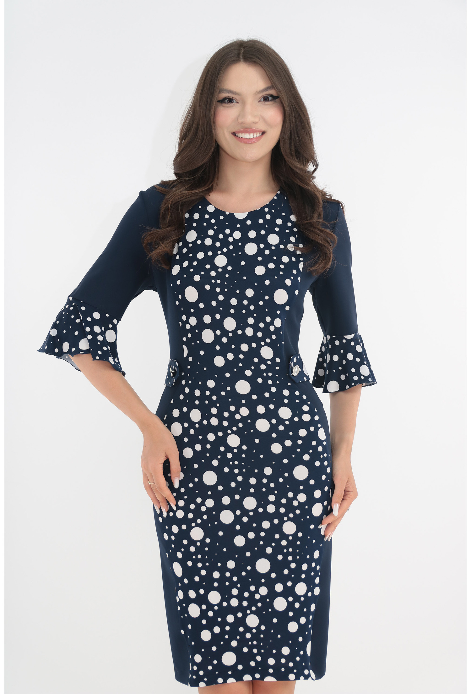 Rochie office bleumarin cu buline albe