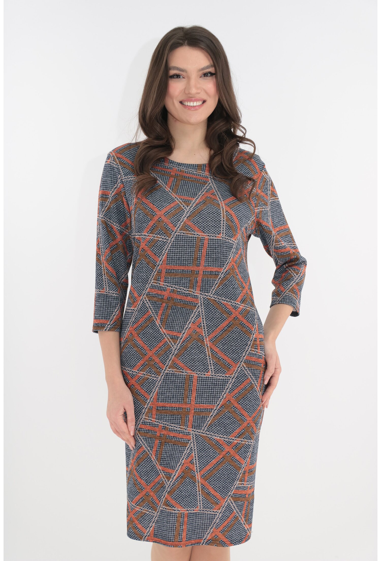 Rochie office bleumarin cu dungi caramizii