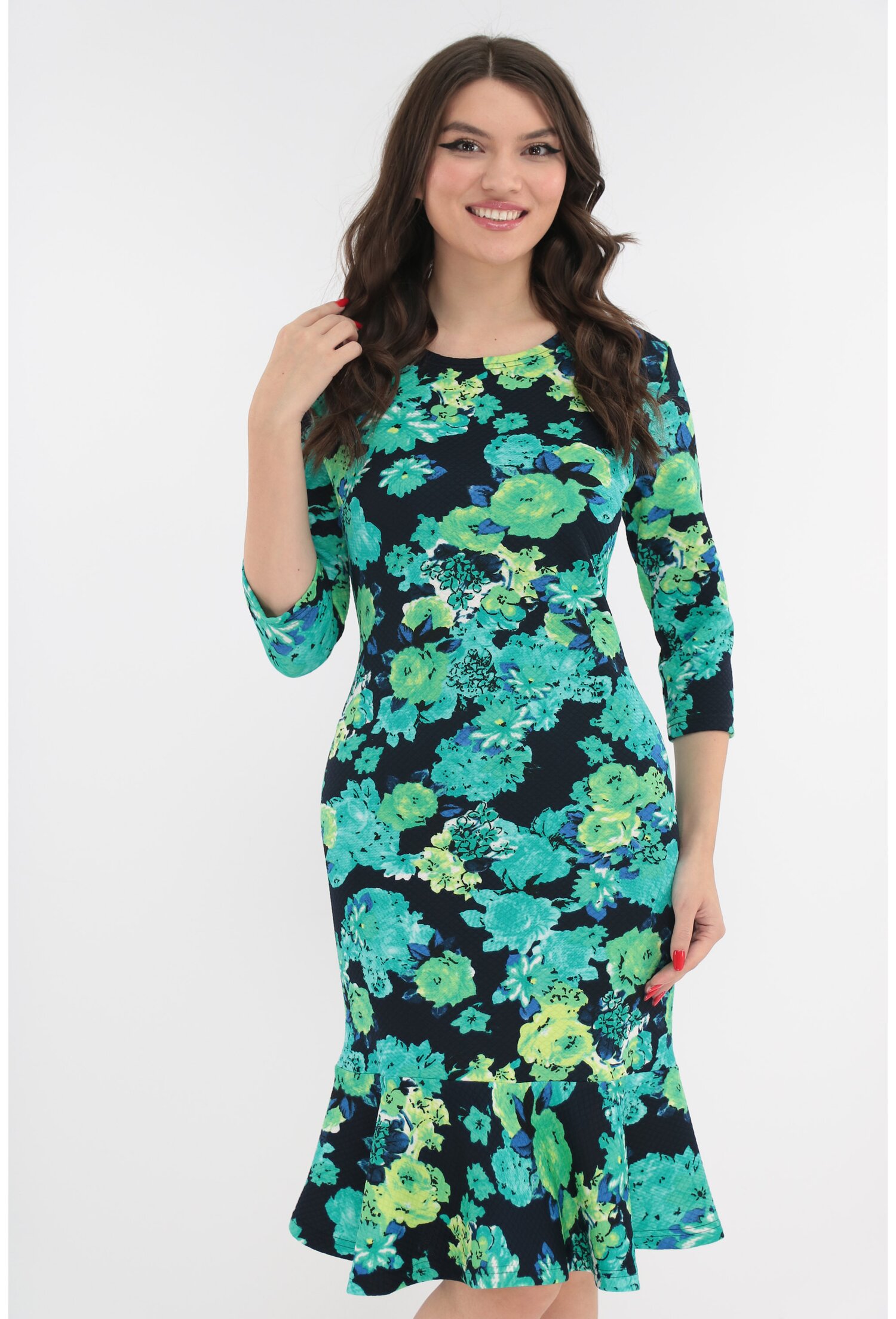 Rochie office bleumarin cu flori turcoaz
