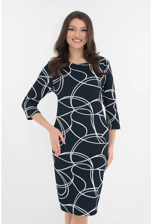 Rochie office bleumarin cu model abstract alb