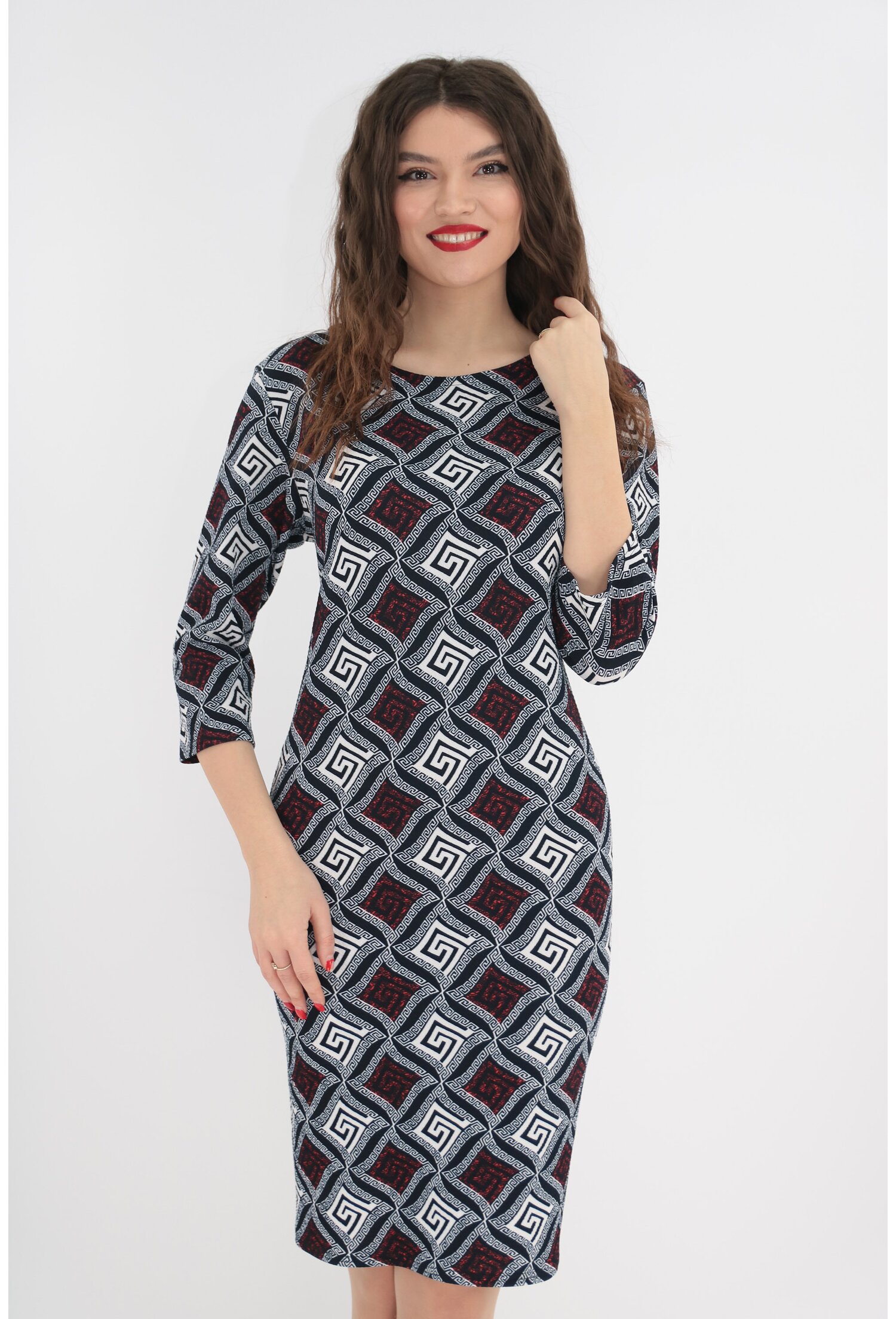 Rochie office bleumarin cu print geometric alb-bordo