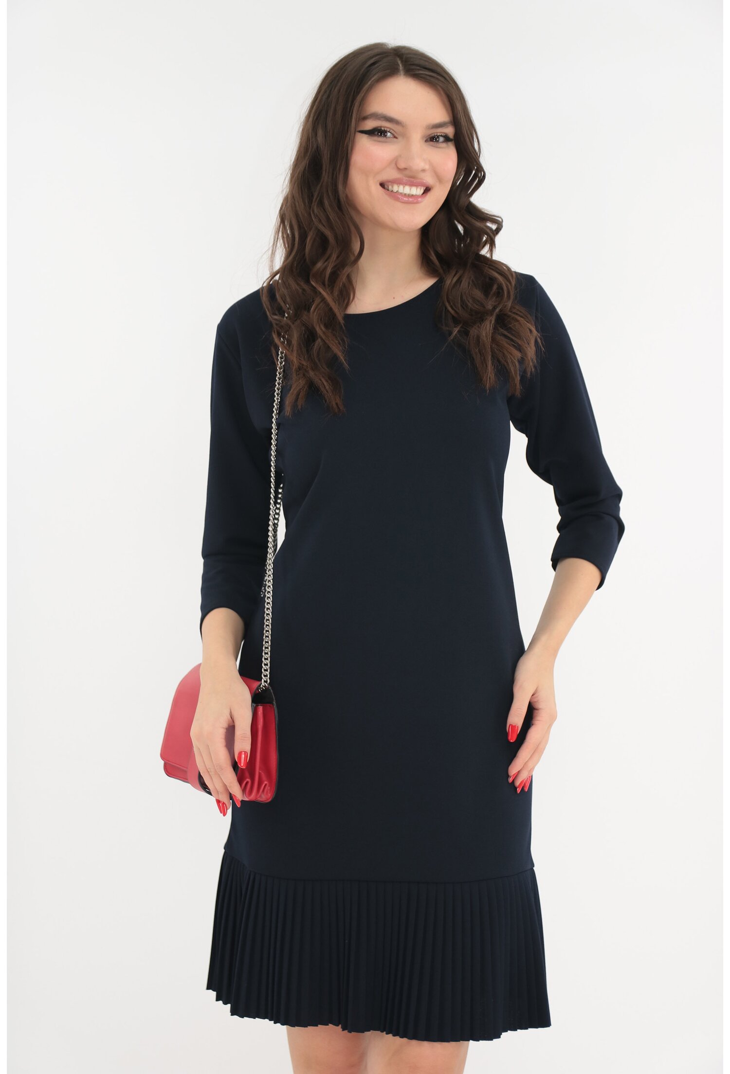 Rochie office bleumarin cu volan plisat la tiv