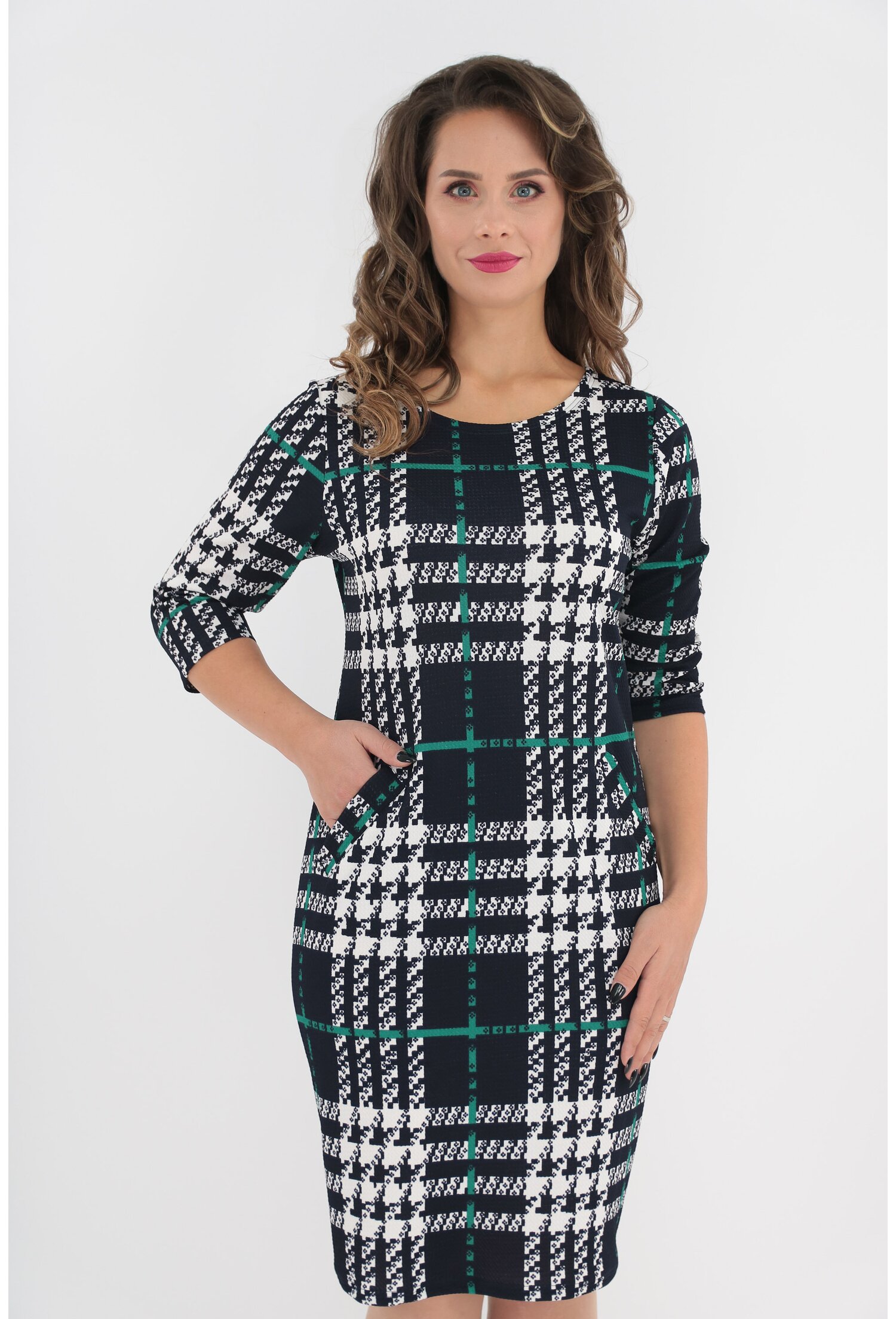 Rochie office bleumarin in carouri verzi si albe