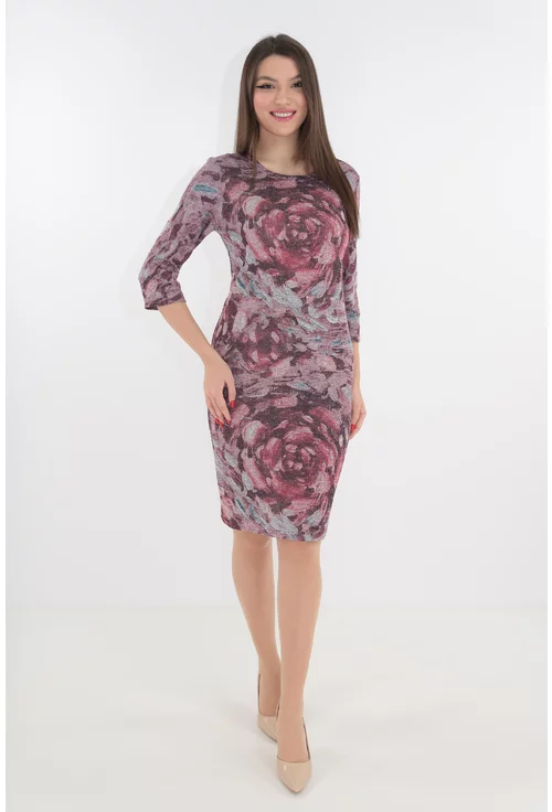 Rochie office bordo cu flori maxi