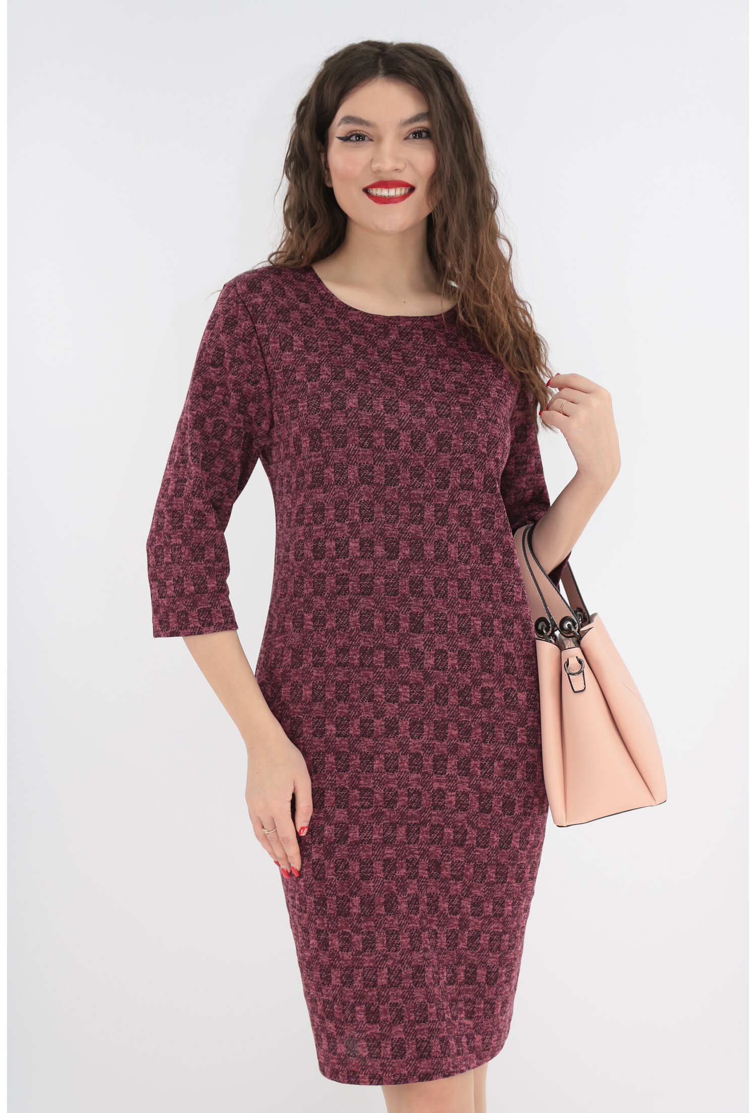 Rochie office bordo cu imprimeu fin in carouri