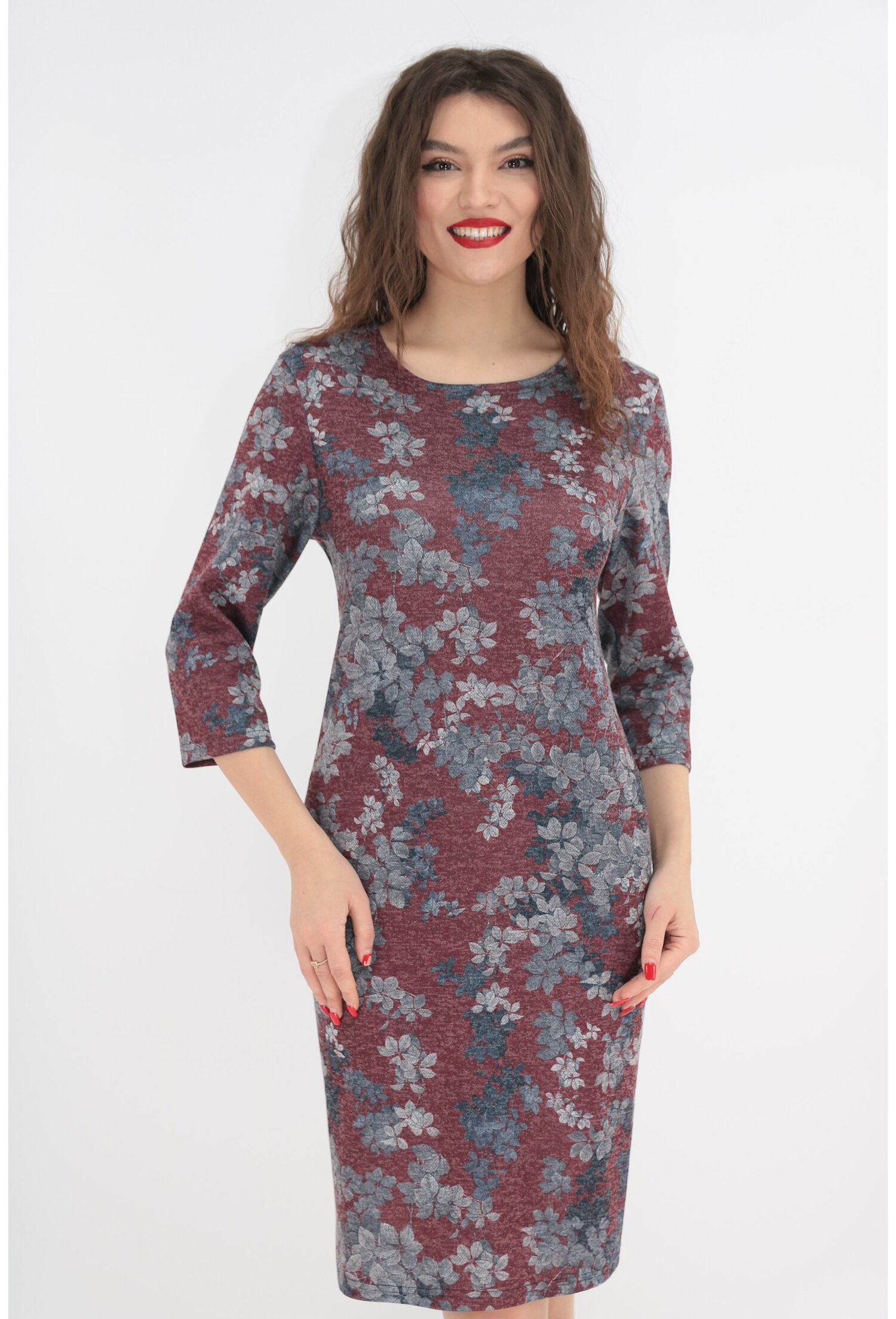Rochie office bordo cu print floral gri-bleumarin