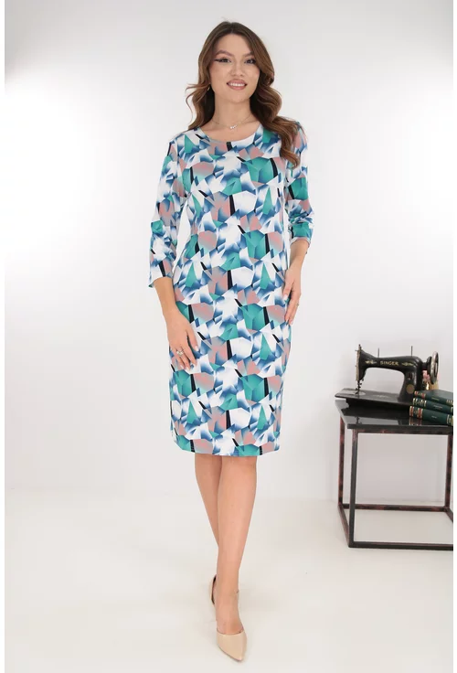 Rochie office cu imprimeu geometric verde-gri