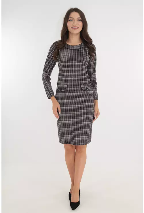 Rochie office cu imprimeu in carouri mici negre si crem