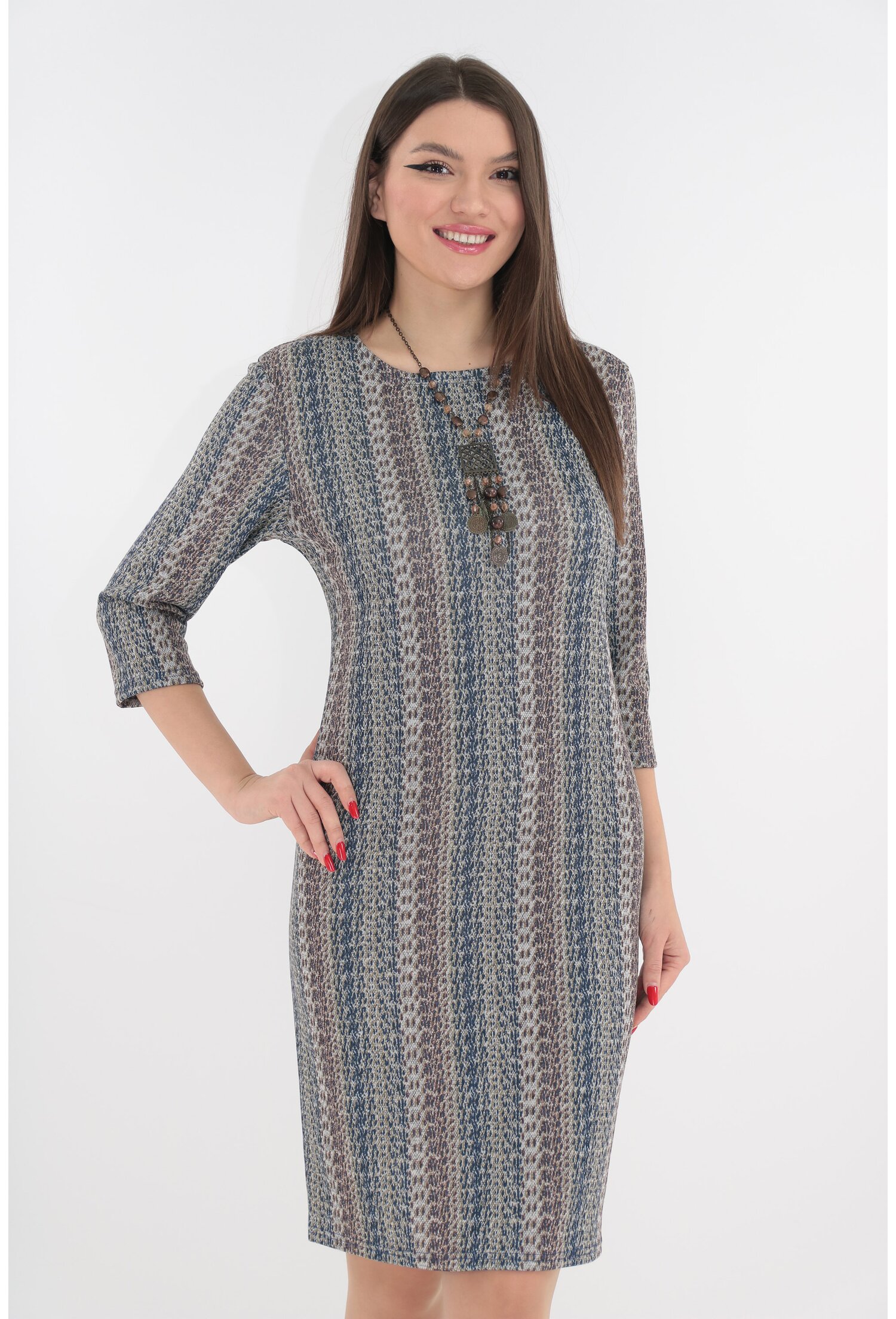 Rochie office cu model geometric bleumarin-gri