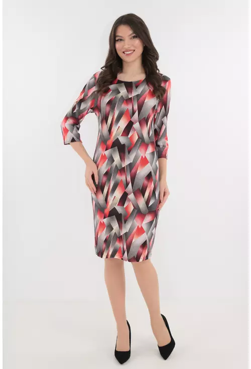 Rochie office cu print abstract rosu-gri