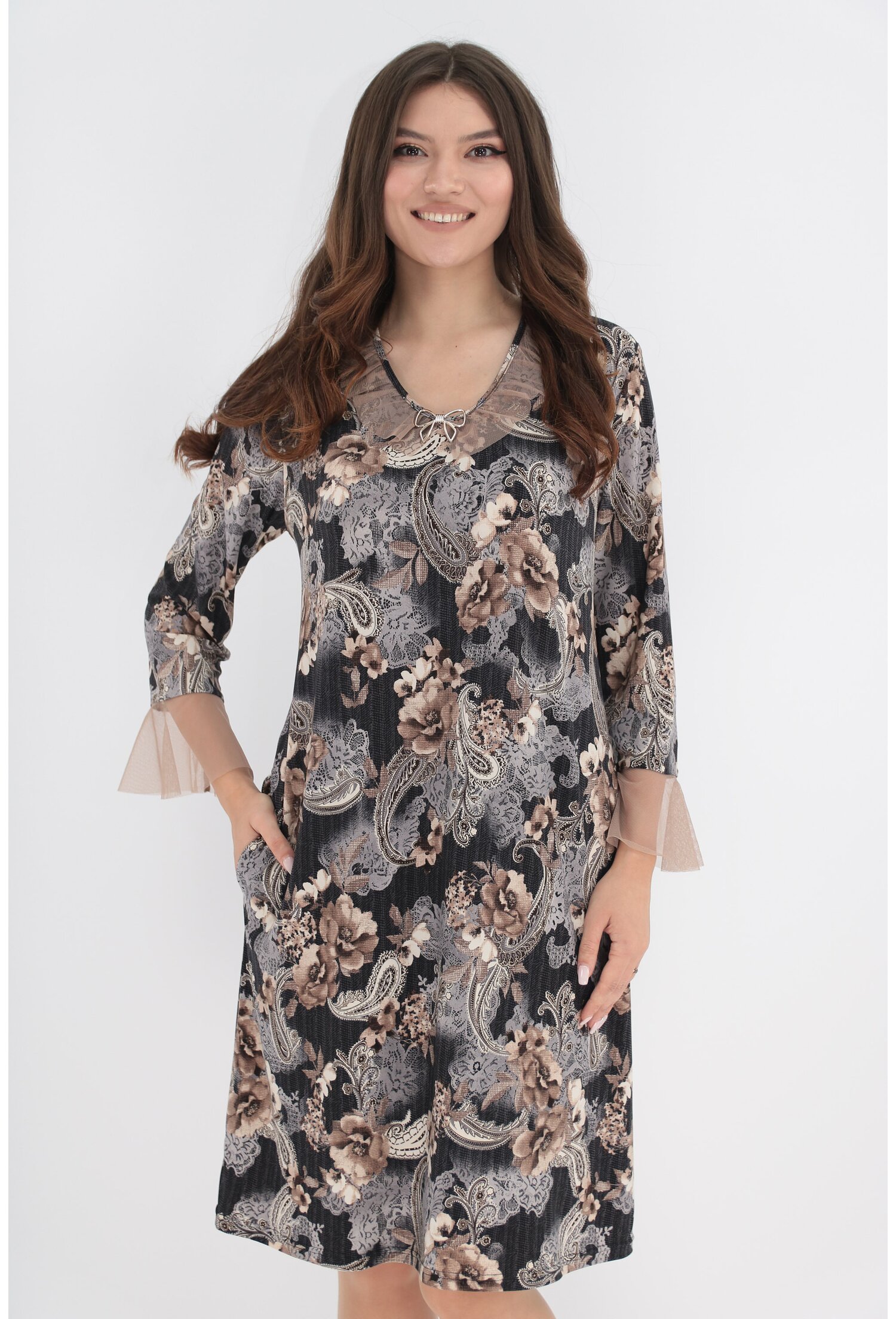 Rochie office cu print floral maro-bej
