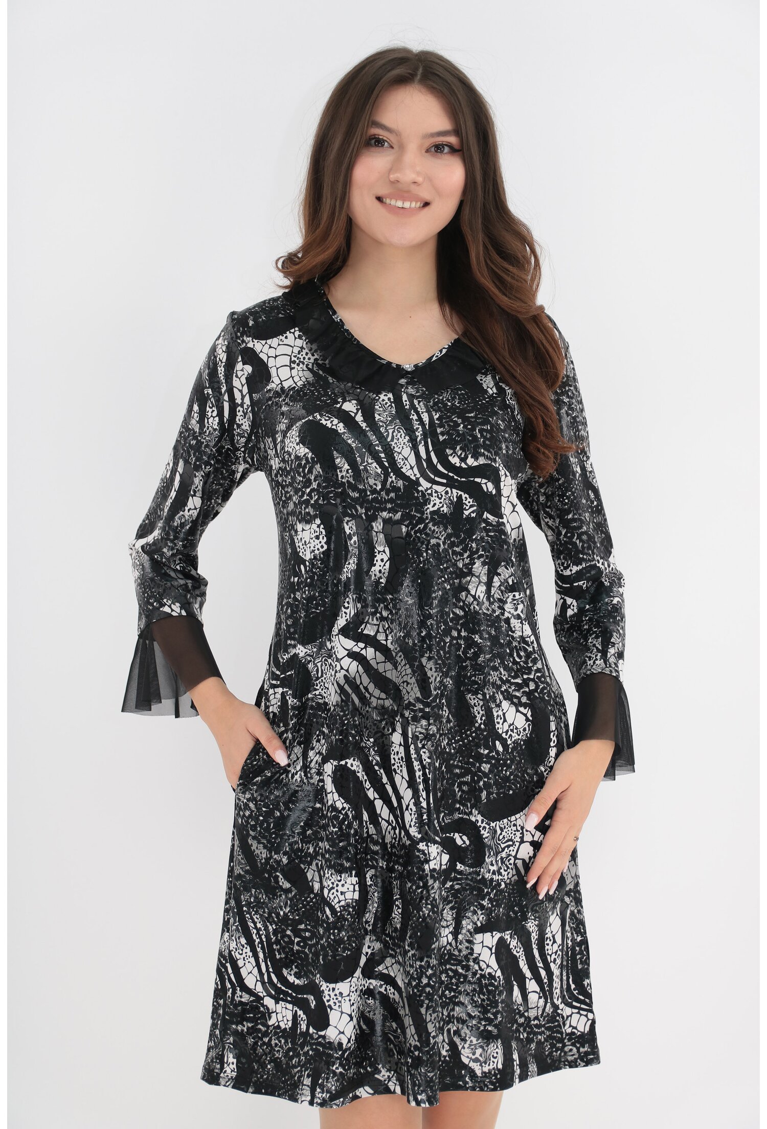 Rochie office din jerse peliculizat cu print abstract alb-negru