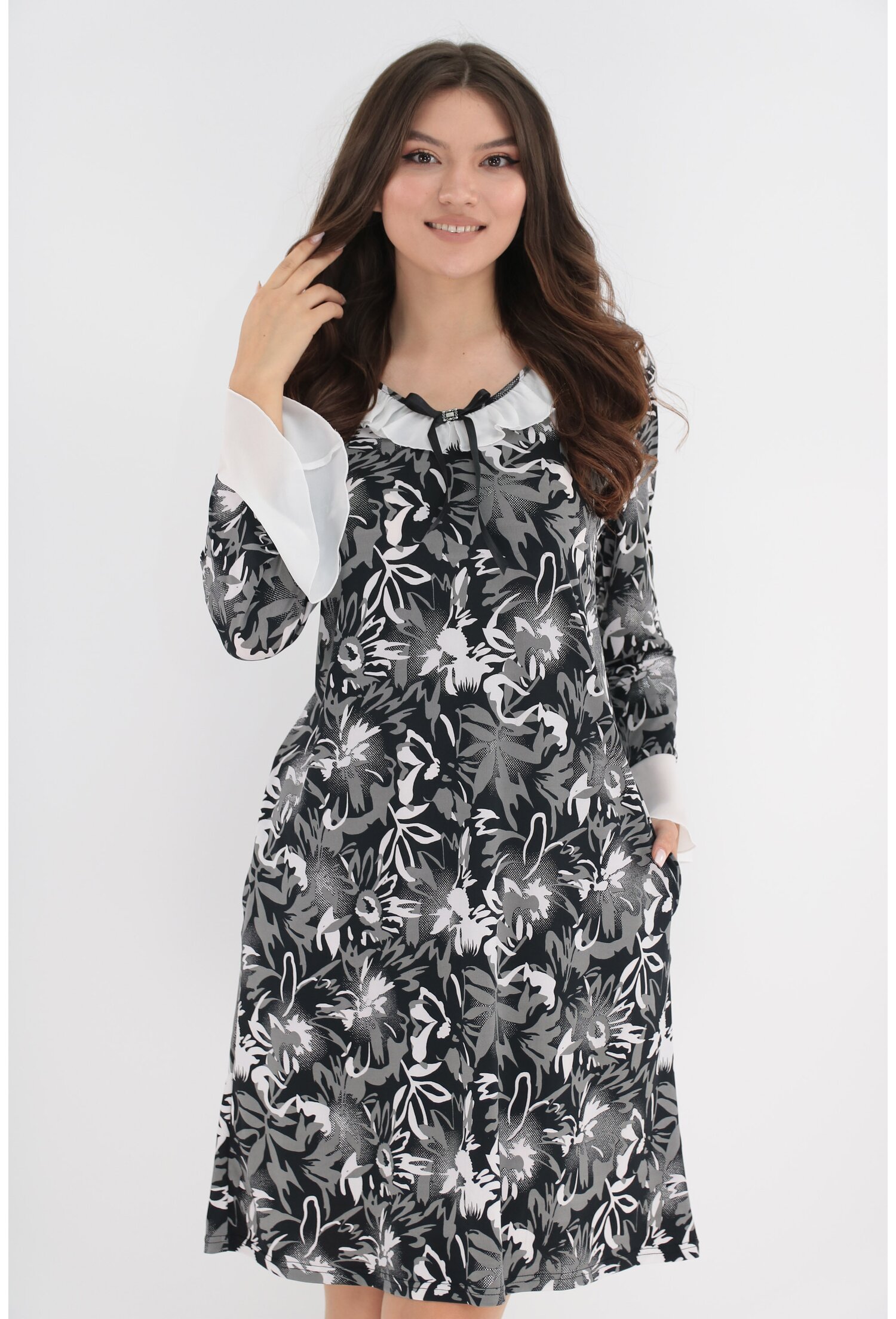 Rochie office din jerse peliculizat cu print floral alb-negru