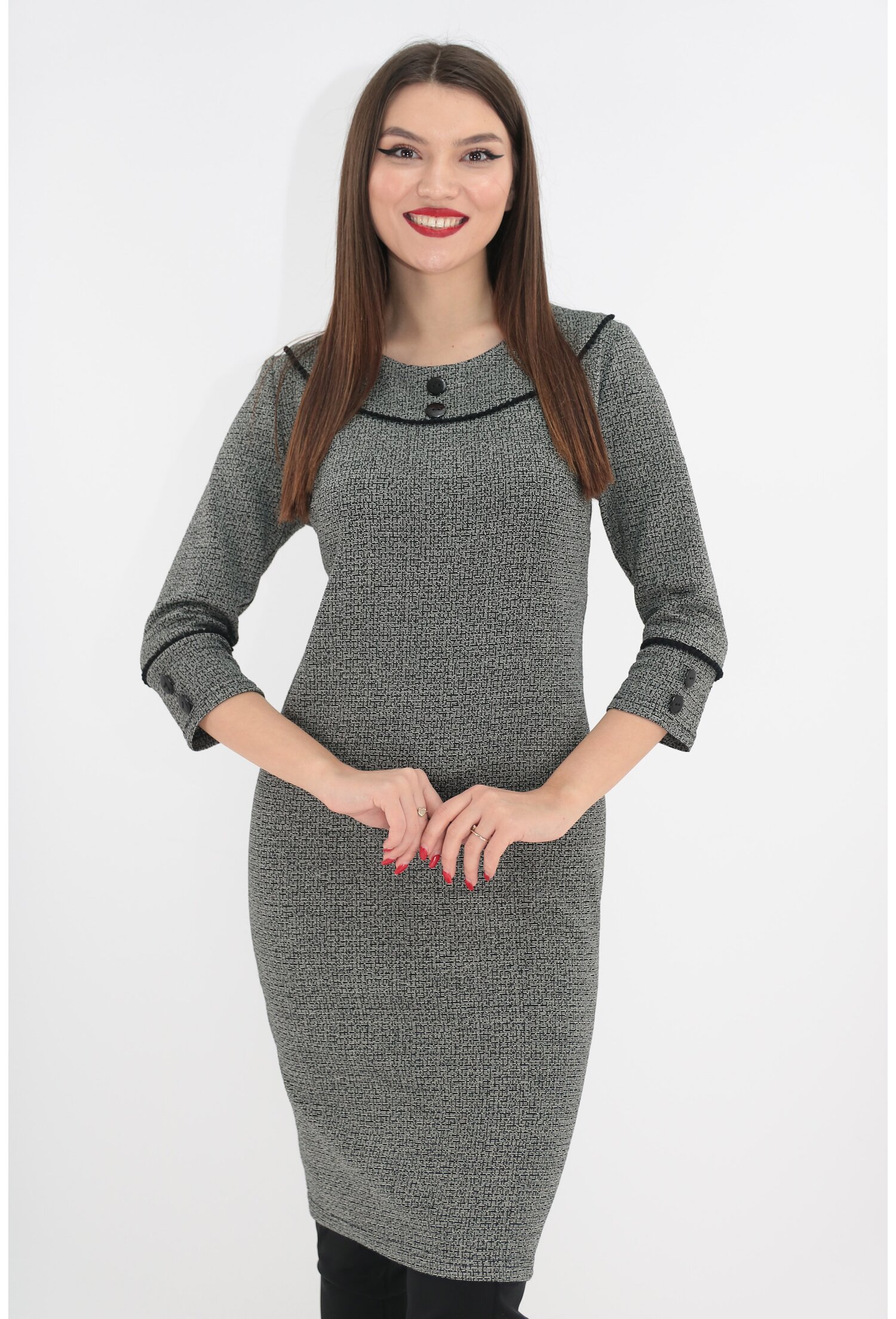 Rochie office din stofa pepit cu garnituri negre