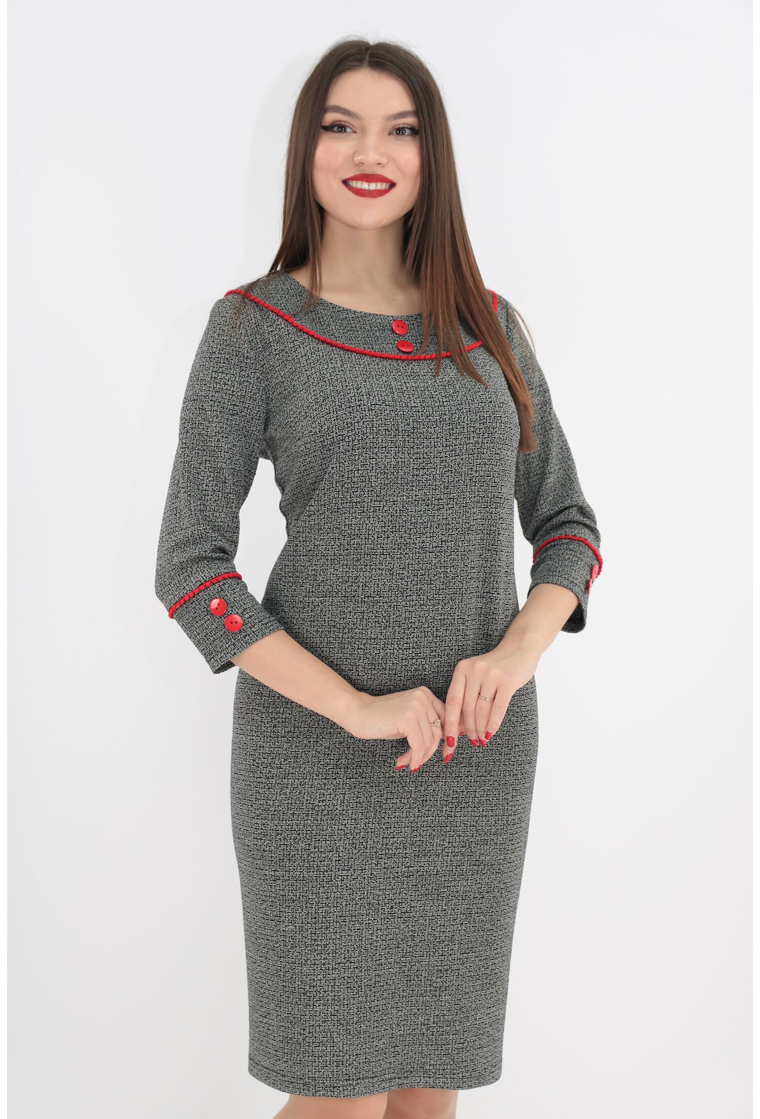 Rochie office din stofa pepit cu garnituri rosii