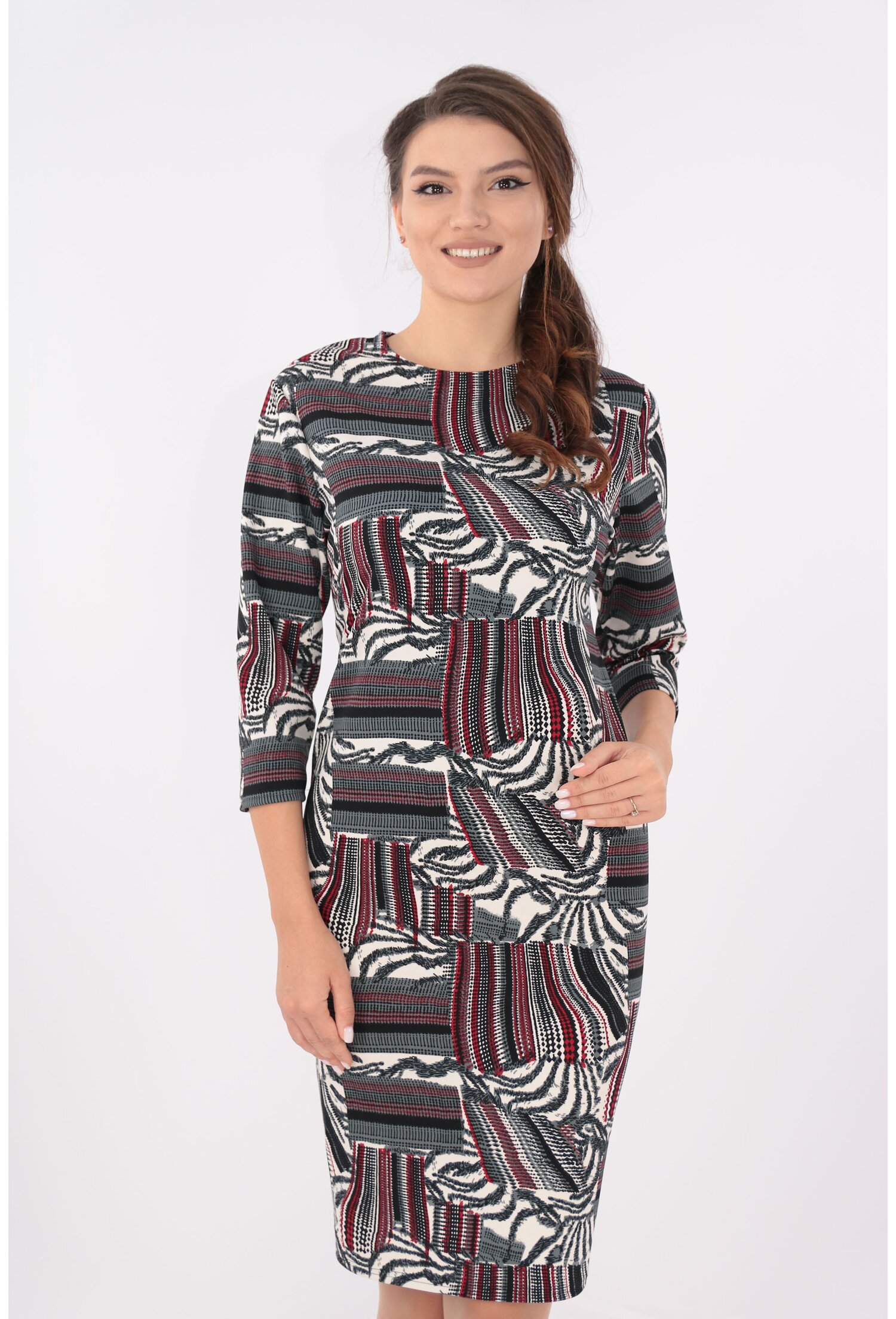 Rochie office gri cu desen abstract negru si bordo