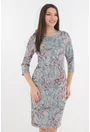 Rochie office gri cu frunze bleu si rosii imprimate