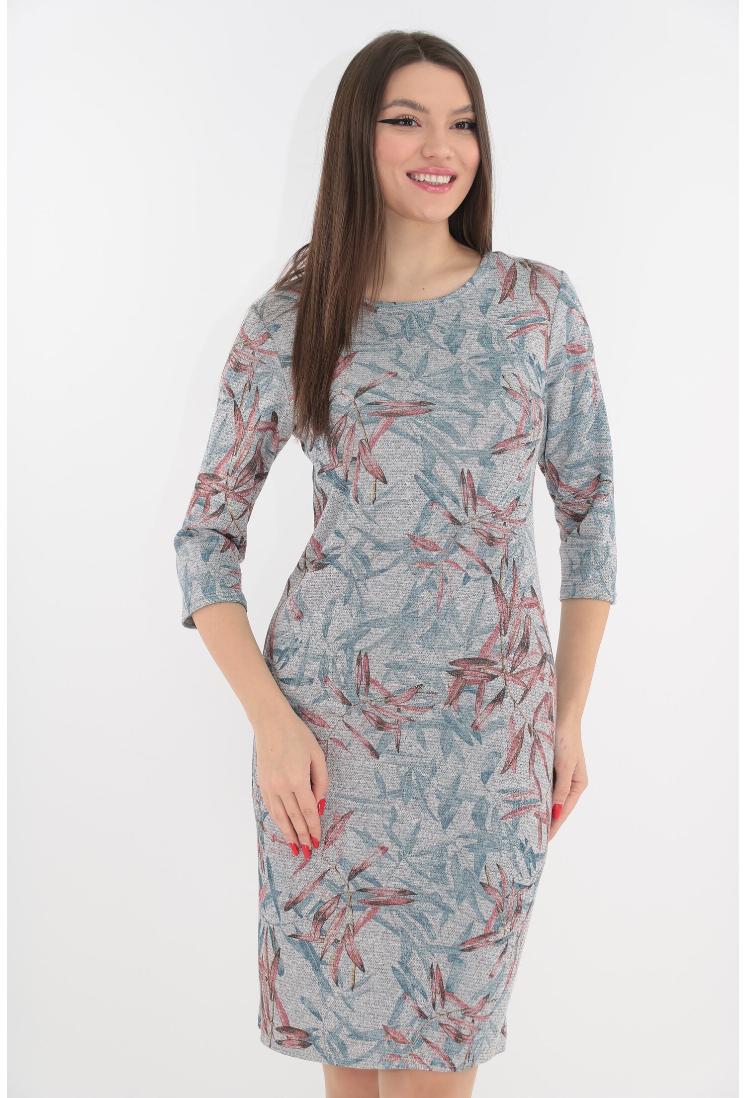 Rochie office gri cu frunze bleu si rosii imprimate