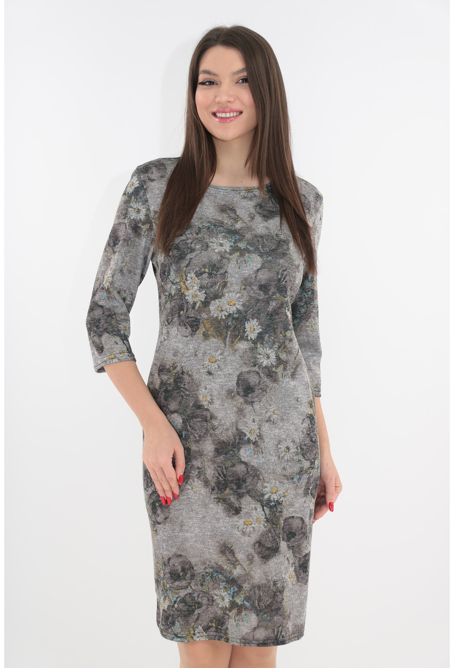 Rochie office gri cu imprimeu floral