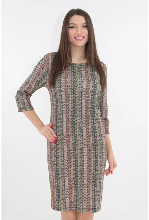 Rochie office gri cu model geometric multicolor