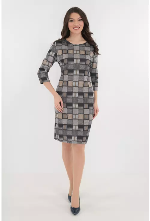 Rochie office gri cu patratele bej