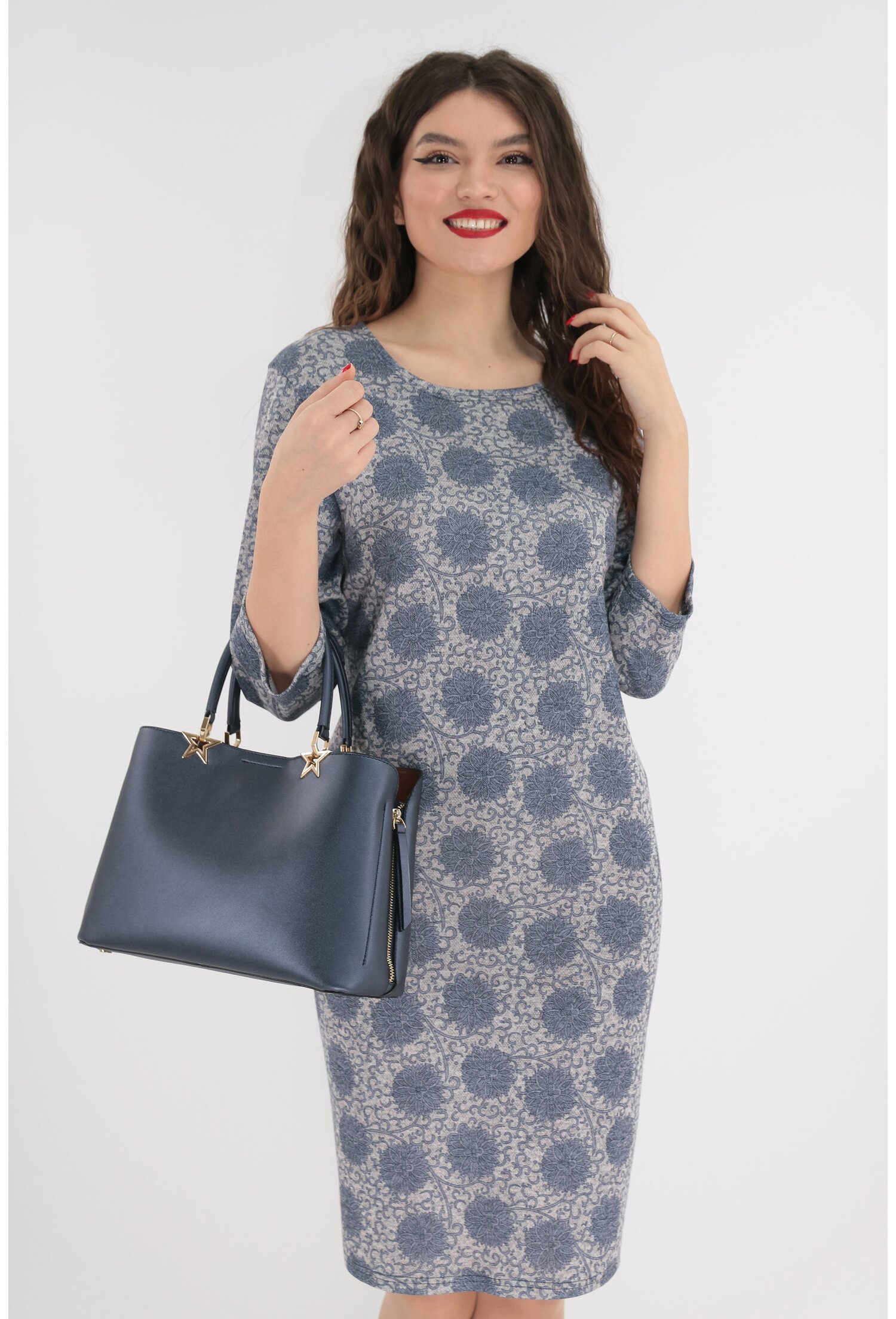 Rochie office gri cu print floral maxi