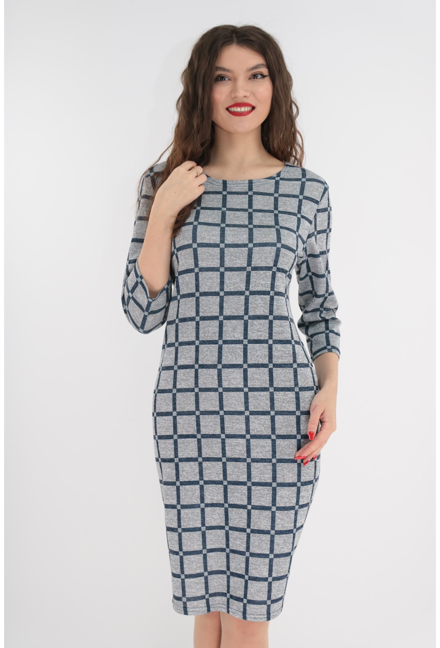 Rochie office gri cu print in carouri bleumarin