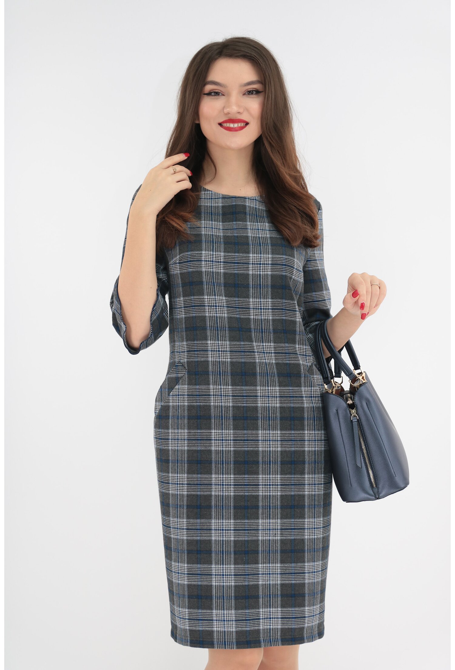 Rochie office gri in carouri albastre