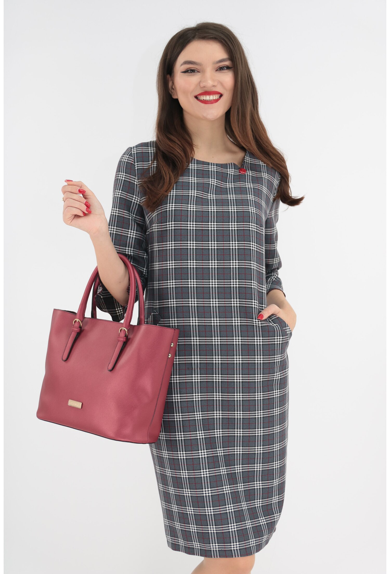Rochie office gri in carouri fine rosii