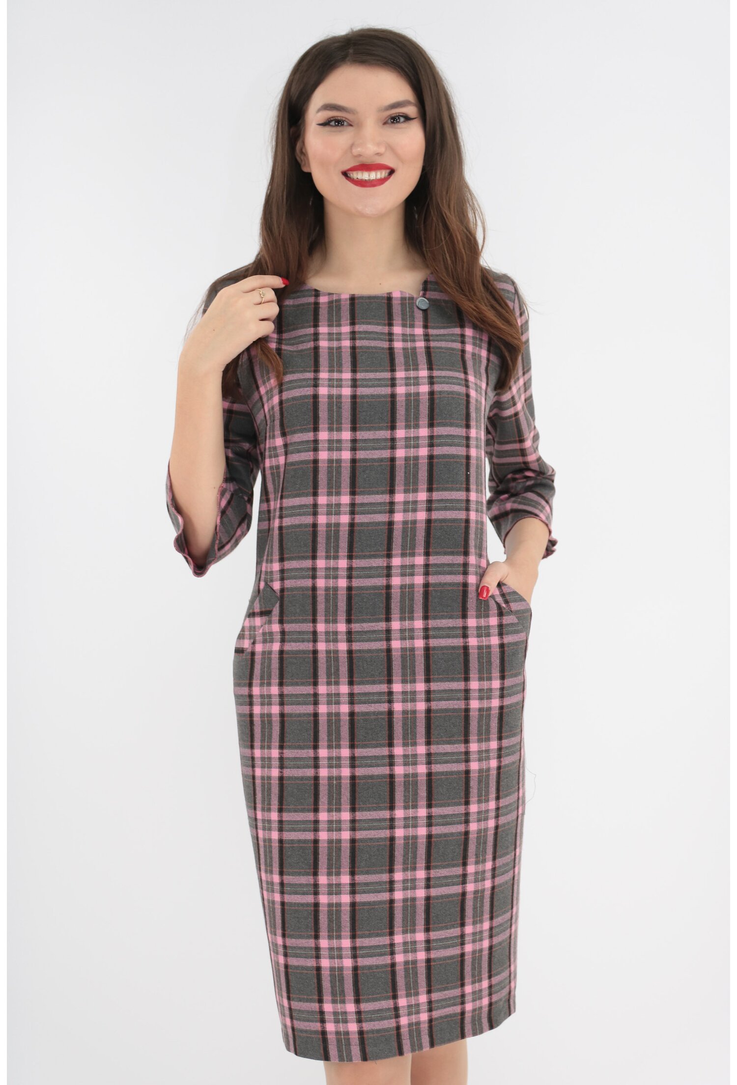 Rochie office gri in carouri roz
