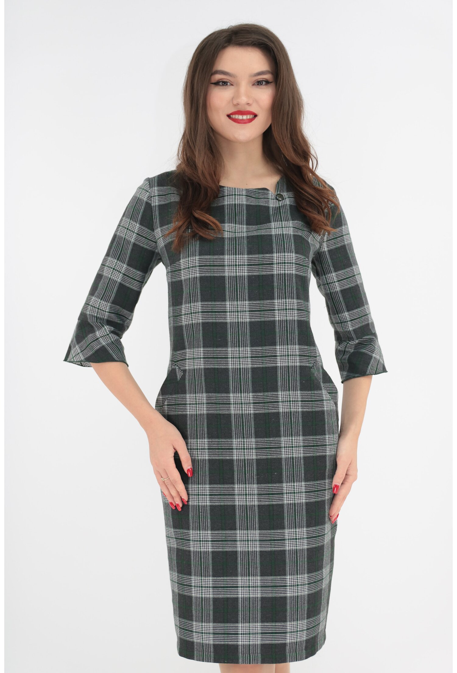 Rochie office gri in carouri verzi