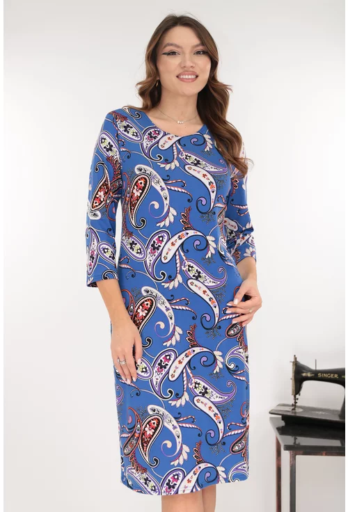 Rochie office indigo cu imprimeu abstract multicolor