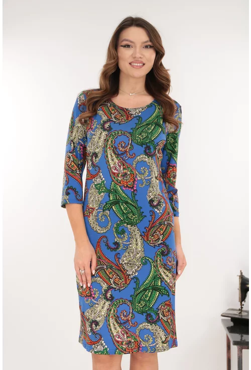 Rochie office indigo cu imprimeu abstract verde-orange
