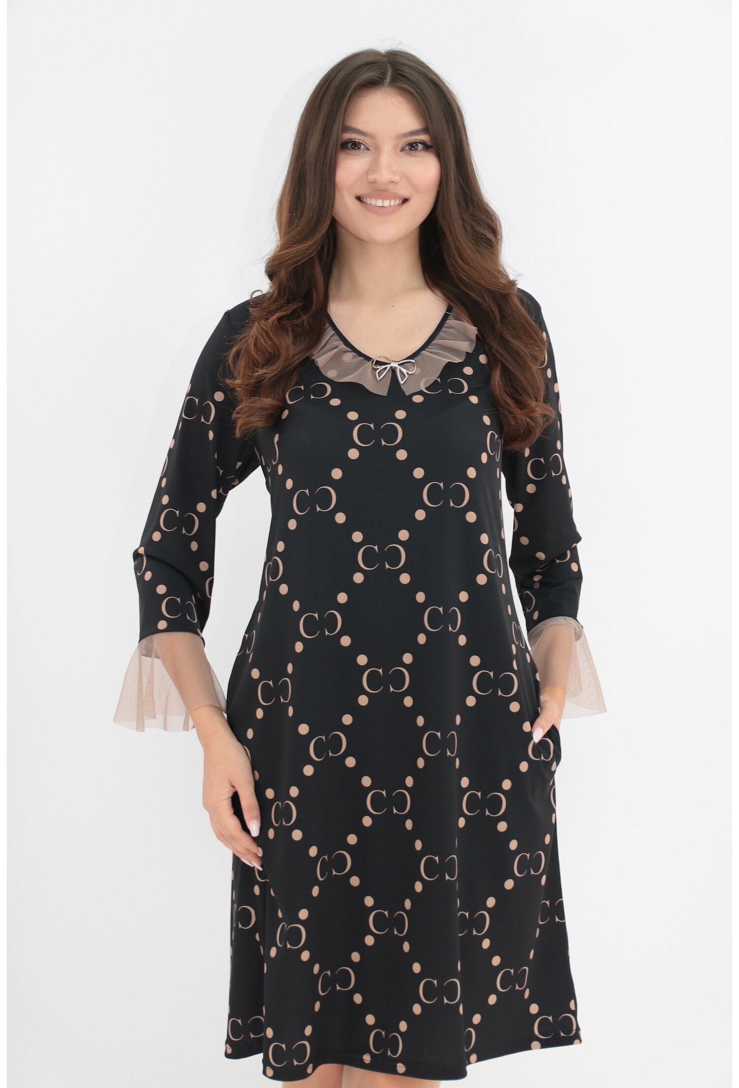 Rochie office maro cu buline bej