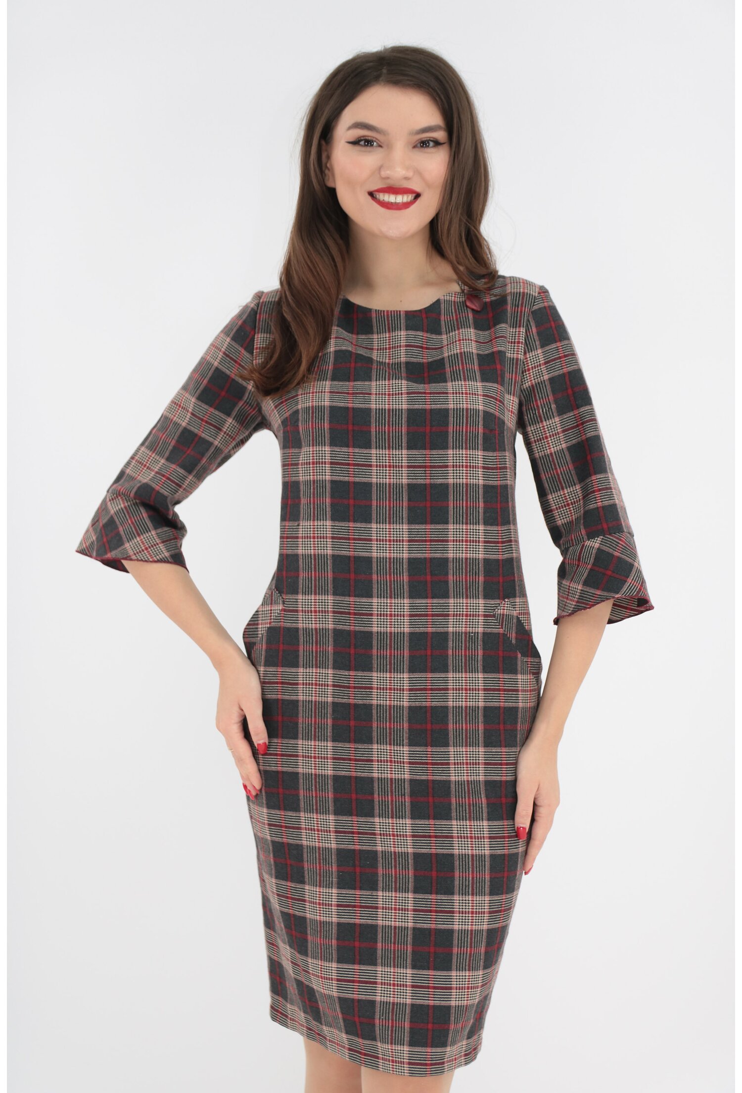 Rochie office maro in carouri bordo