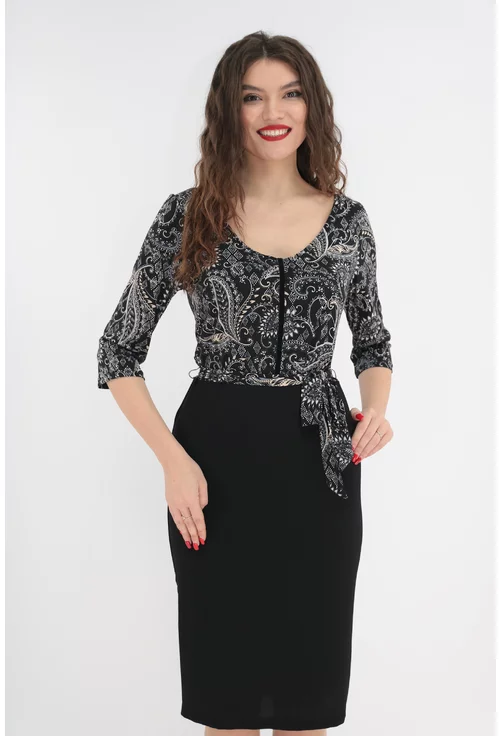 Rochie office neagra cu print abstract crem