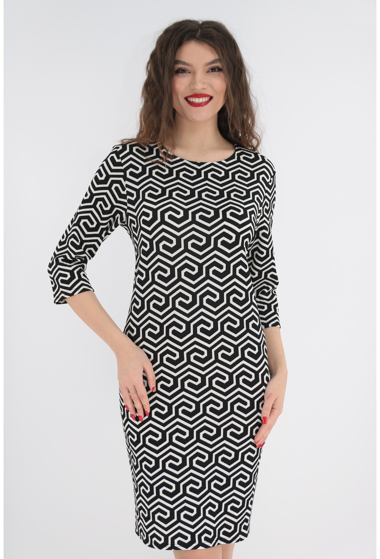 Rochie office neagra cu print geometric alb