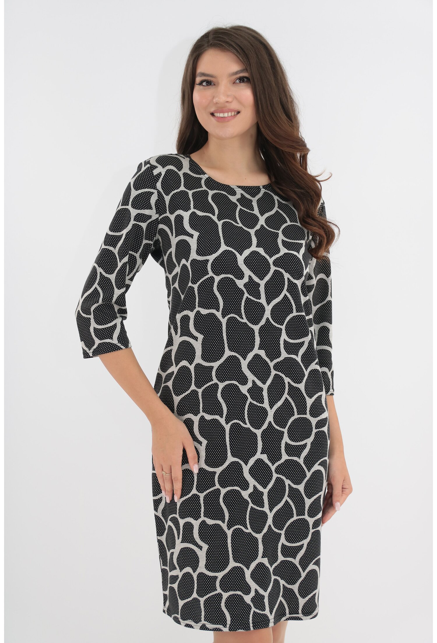 Rochie office negru-gri cu model abstract