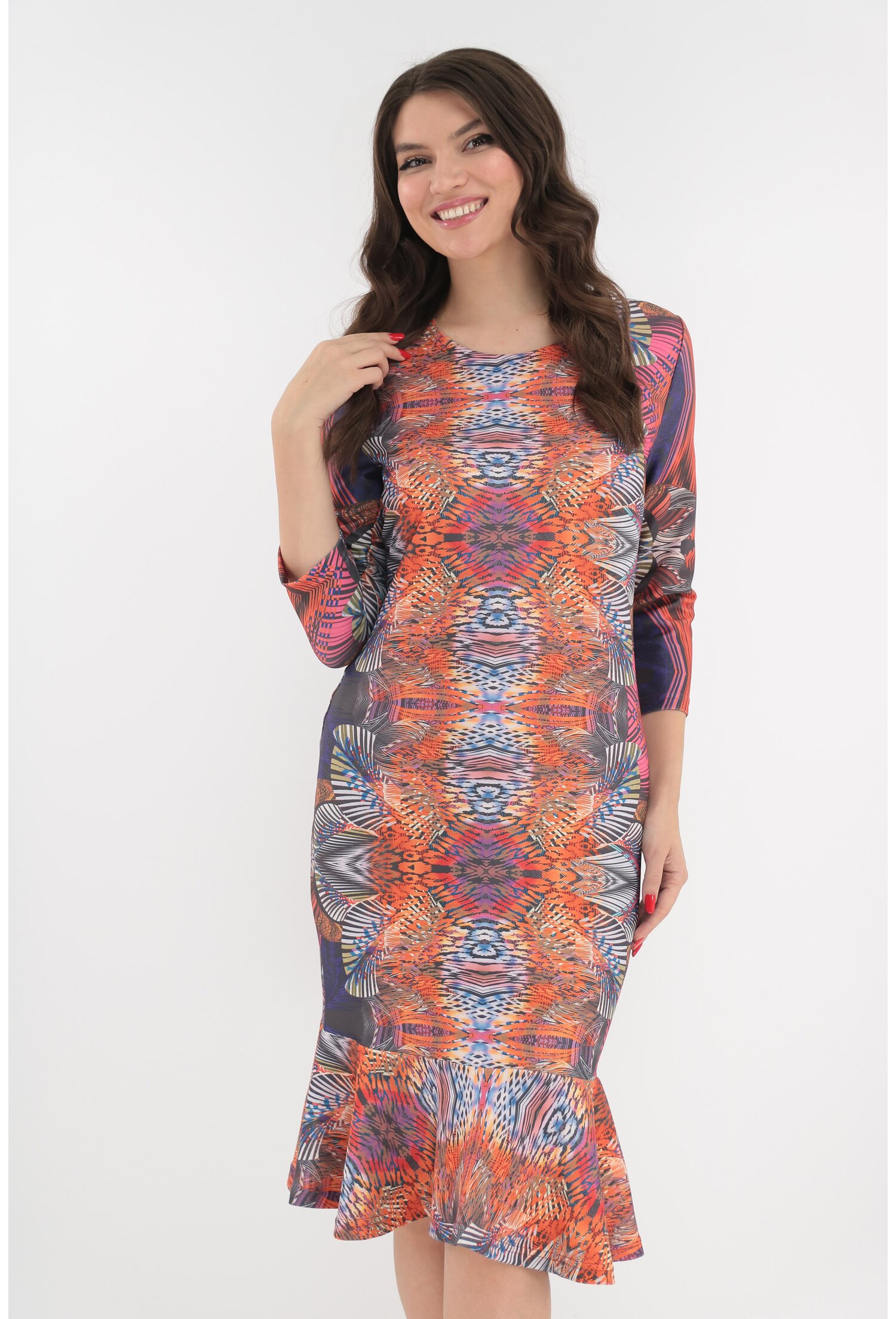 Rochie office orange cu imprimeu abstract