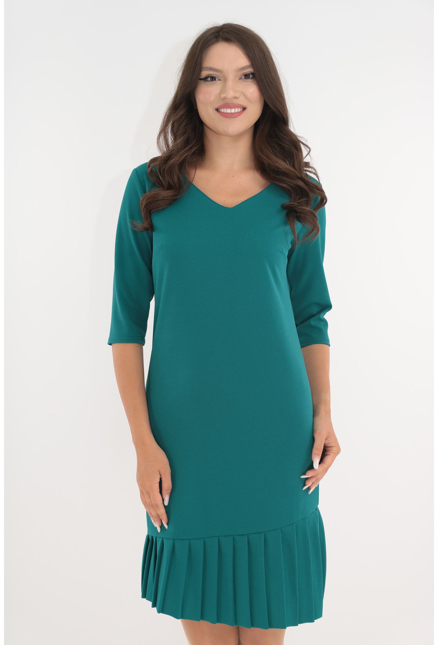 Rochie office verde cu volan plisat la tiv