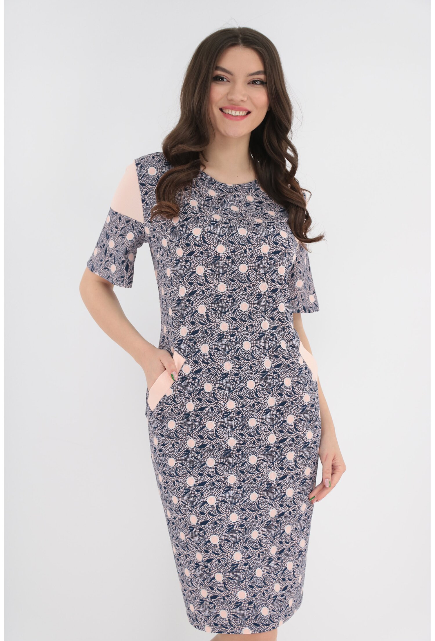 Rochie bleumarin cu buline roz - Rochii-Dama.ro