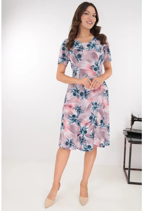 Rochie roz-gri in clini cu print floral bleumarin