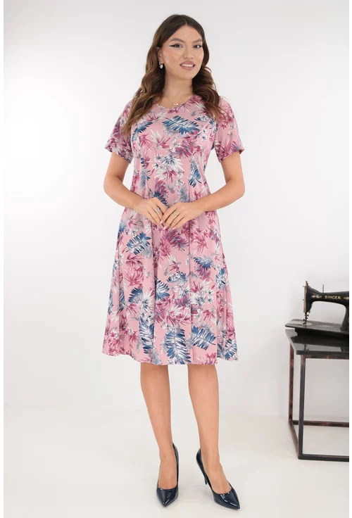 Rochie roz in clini cu flori albastre-gri
