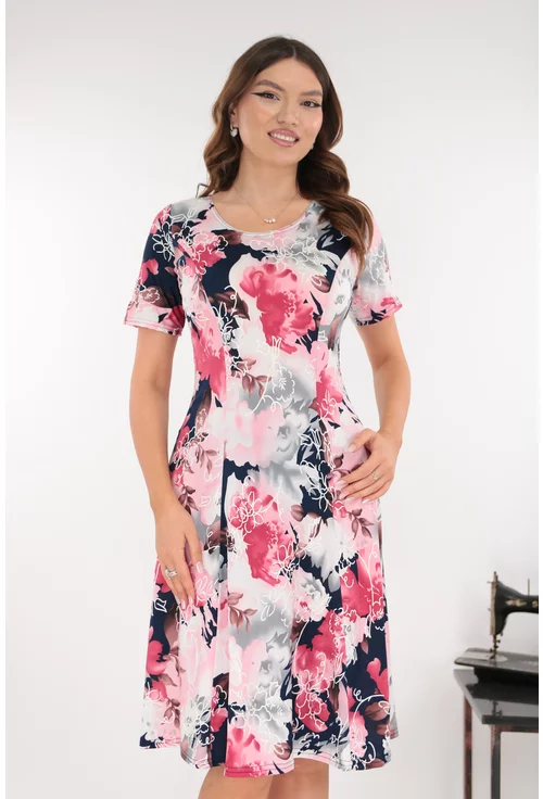 Rochie roz in clini cu print abstract gri-bleumarin