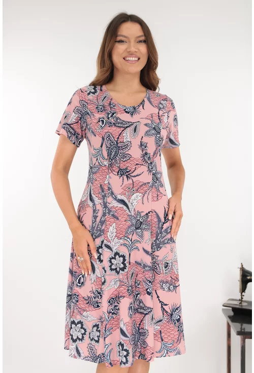 Rochie roz in clini cu print floral bleumarin