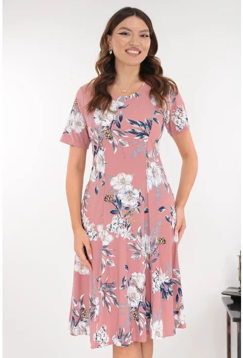 Rochie roz-prafuit in clini cu flori maxi gri
